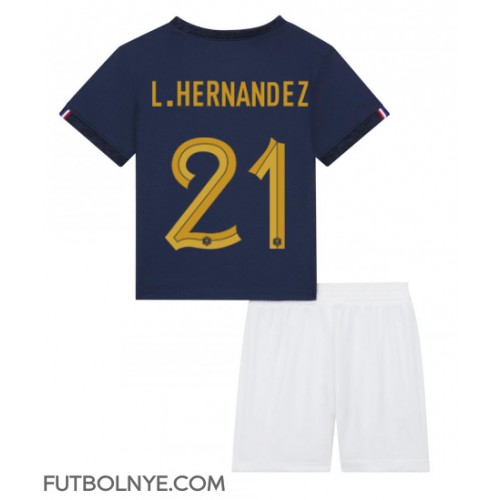 Camiseta Francia Lucas Hernandez #21 Primera Equipación para niños Mundial 2022 manga corta (+ pantalones cortos)
